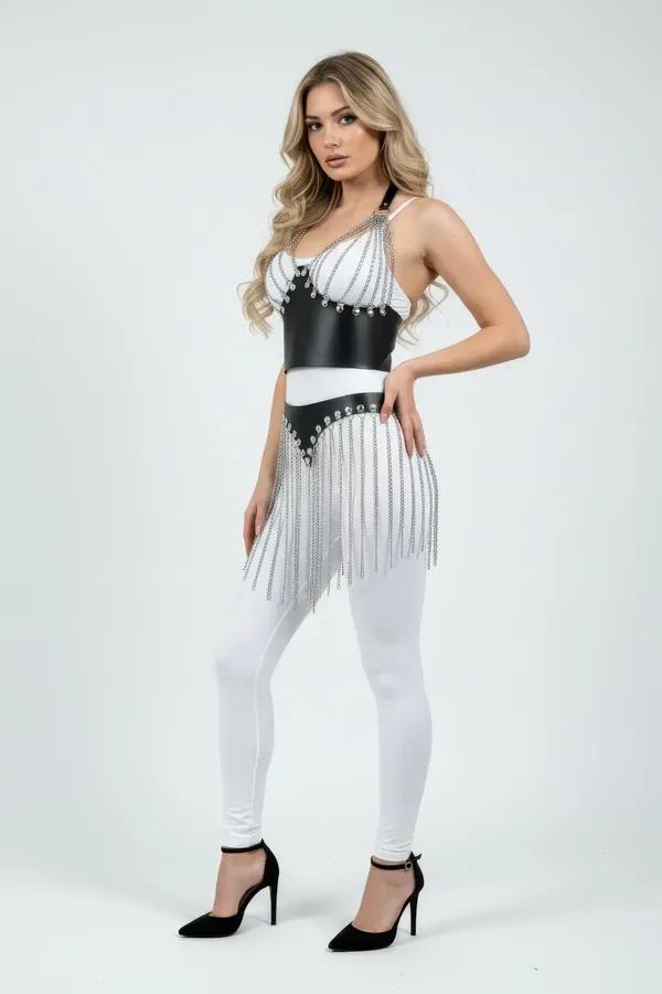 black faux leather corset harness with silver chain fringe and rhinestone studs front view