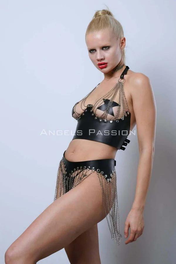 siyah vegan deri zincirli büstiyer ve mini etek takım gümüş metal saçak detaylı iki parça set