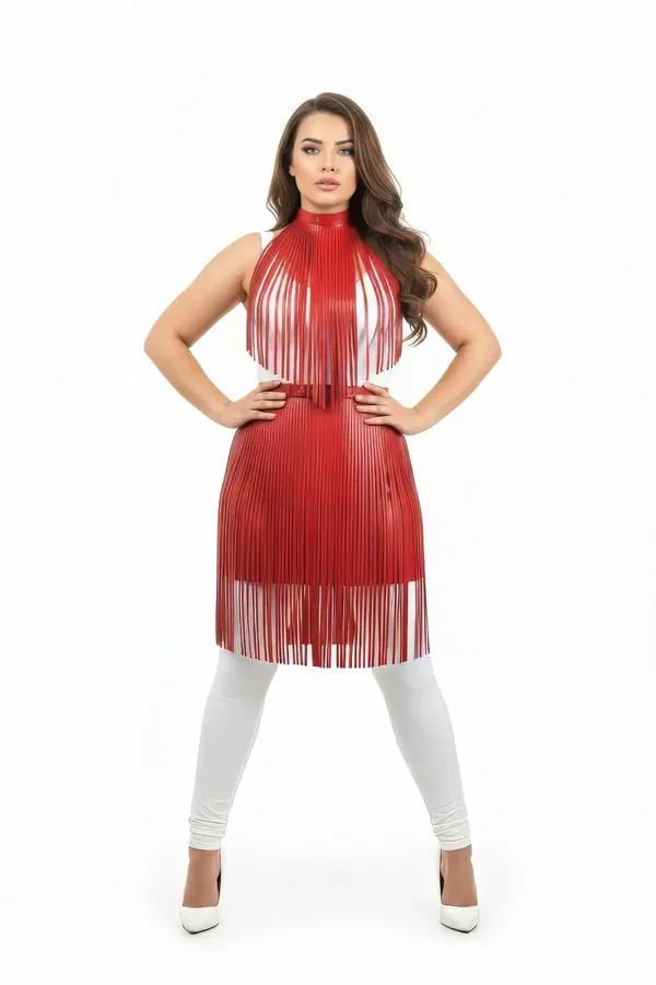 Red faux leather fringe body harness with high collar neck and dense vertical fringe strips cascading from chest to hip