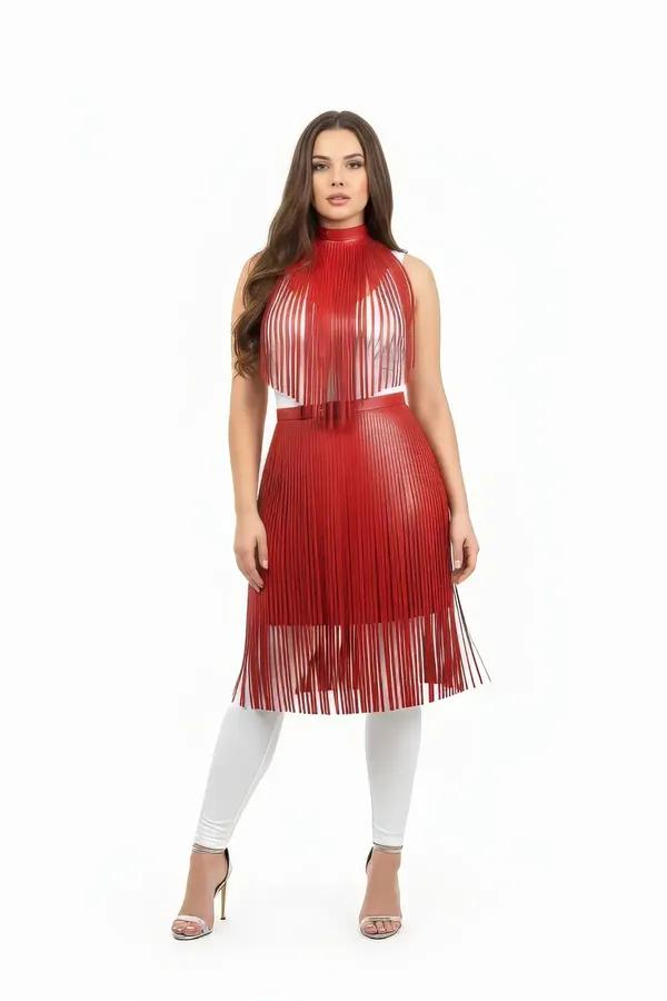 Red faux leather fringe body harness with high collar neck and dense vertical fringe strips cascading from chest to hip