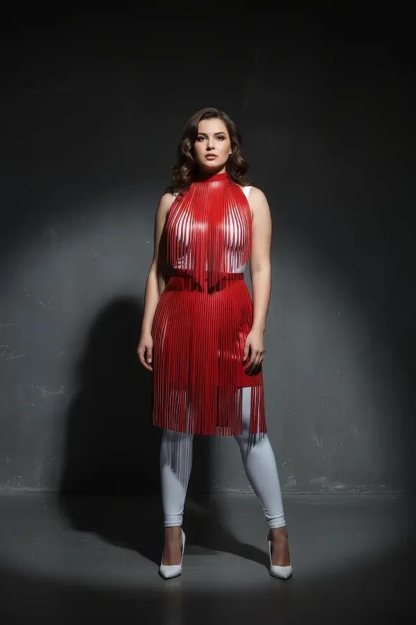 Red faux leather fringe body harness with high collar neck and dense vertical fringe strips cascading from chest to hip