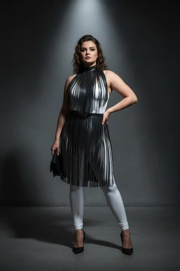Black vegan leather fringe overlay harness dress with high mock neck collar and cinching waist belt, midi length