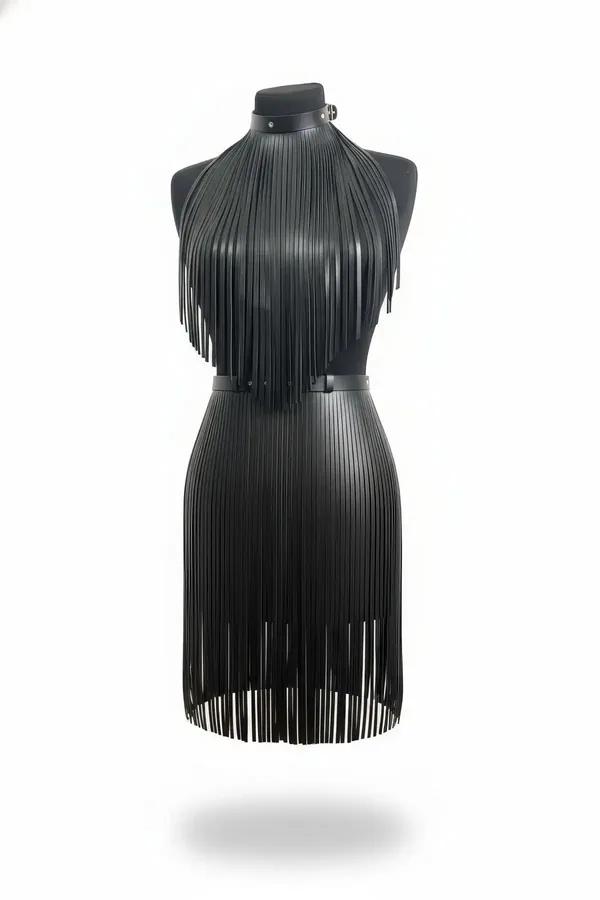 black vegan leather fringed halter harness set with choker collar and matching fringe mini skirt on mannequin
