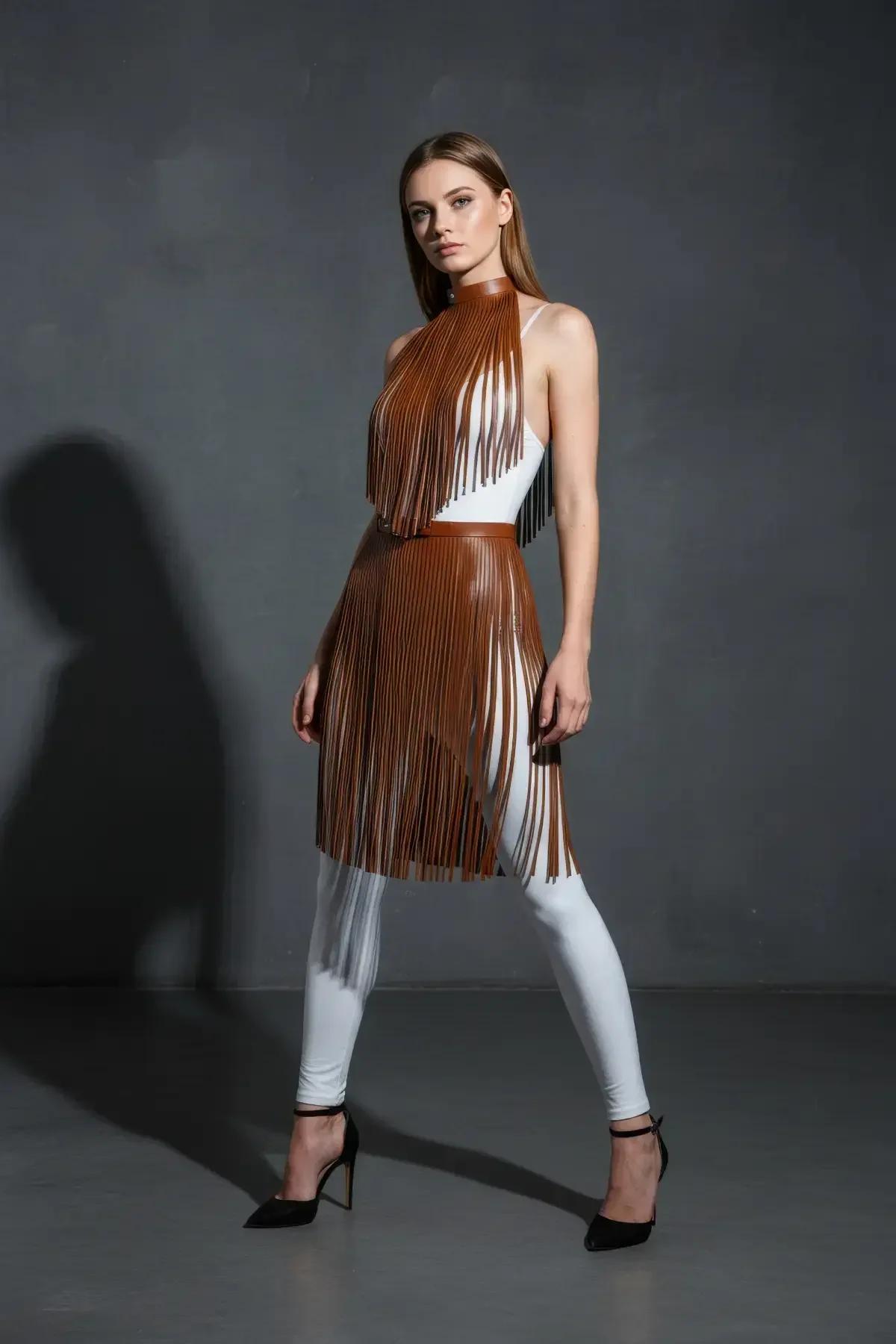 tan faux leather fringe halter harness set with waist skirt overlay, warm brown color, cascading fringe strips front view