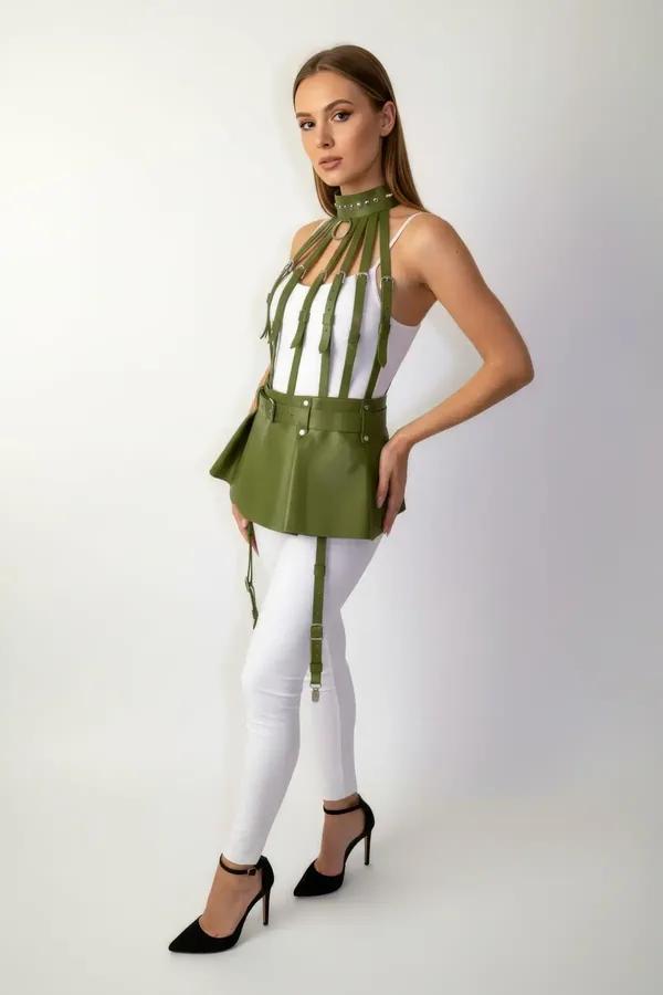 olive green vegan leather peplum body harness with studded high neck choker, five chest cage straps, and detachable silver-bu