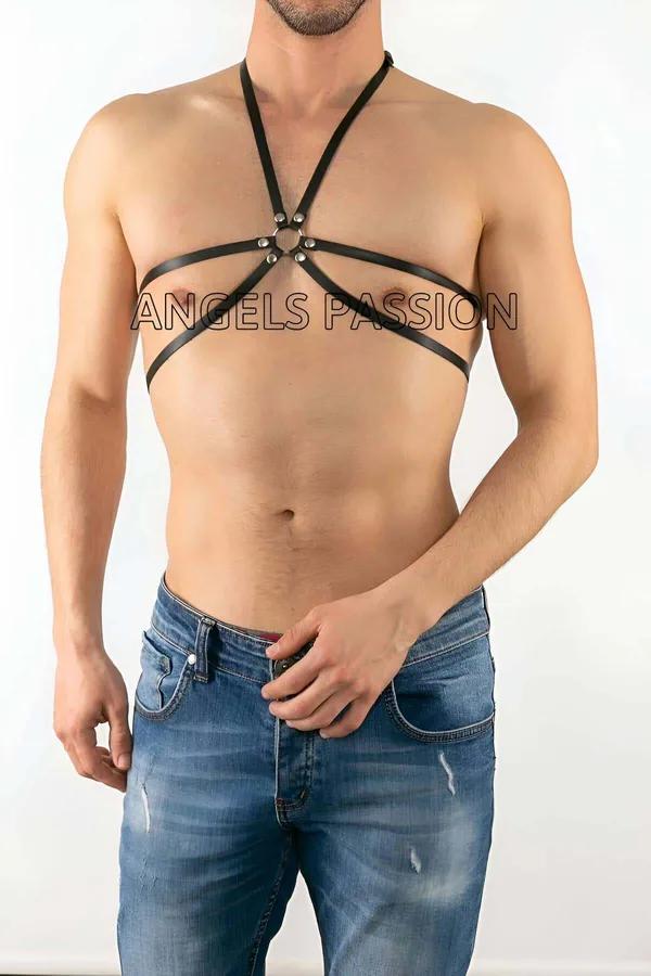 siyah suni deri erkek göğüs harness çapraz bantlı gümüş metal O-halka aksesuar