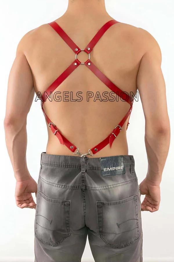 kırmızı suni deri erkek harness sırt görünüm X-çapraz bantlar gümüş O-halka ve D-halka pantalon klipsi