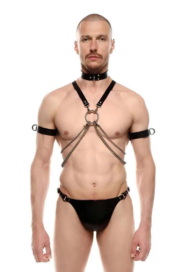 Pazu bantlı siyah vegan deri erkek harness altın zincir ve O-halka detaylı tam set