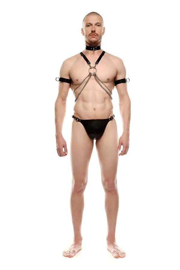 Pazu bantlı siyah vegan deri erkek harness altın zincir ve O-halka detaylı tam set