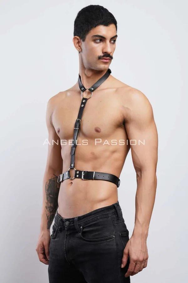 siyah vegan deri boyundan askılı erkek harness gümüş O-halka ve bel bandı clubwear