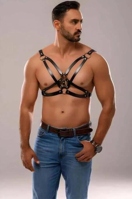 siyah vegan deri erkek göğüs harness çapraz X kayış tasarımı 3 adet mat metal O-ring
