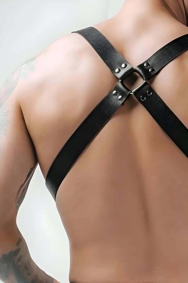 siyah vegan deri erkek harness omuz askılı gümüş karabina toka bel bandı fantezi iç giyim