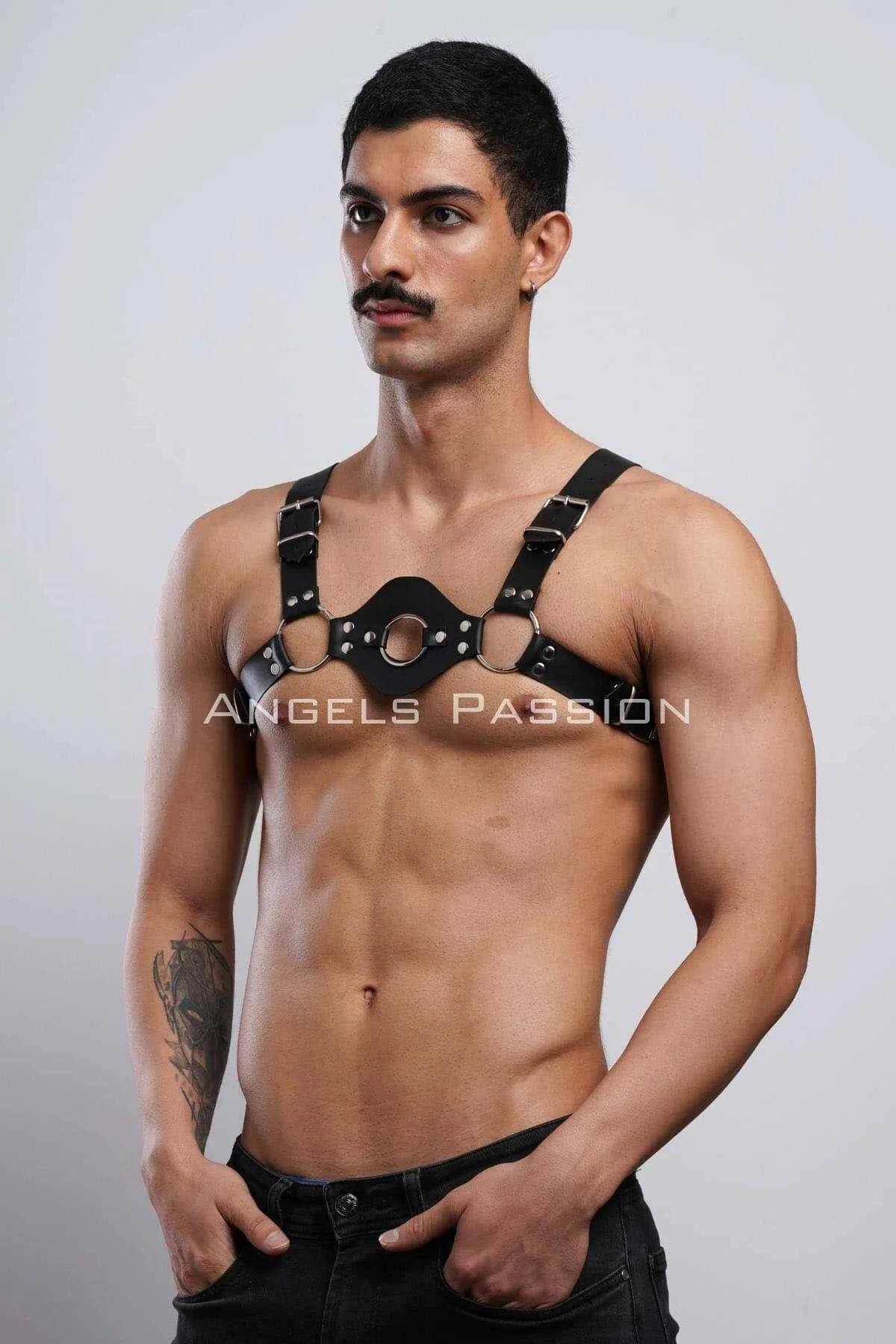 siyah vegan deri erkek göğüs harness O-ring ve D-ring gümüş donanım çift omuz kayışı