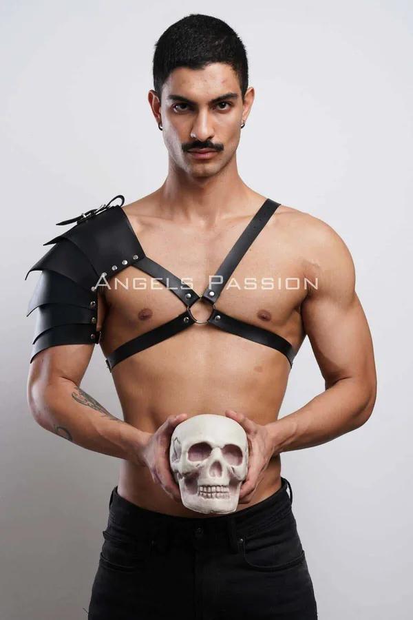 siyah vegan deri gladyatör tek omuz harness zırh panelli cosplay aksesuar