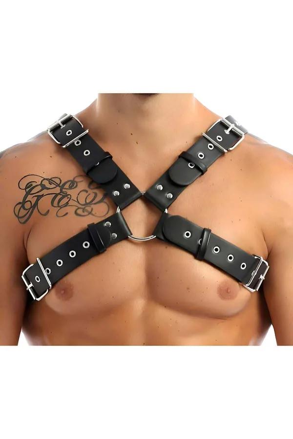 siyah vegan deri erkek göğüs harness X çapraz bantlı gümüş toka ve O-ring