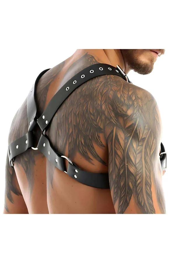 siyah vegan deri erkek göğüs harness X çapraz bantlı gümüş toka ve O-ring