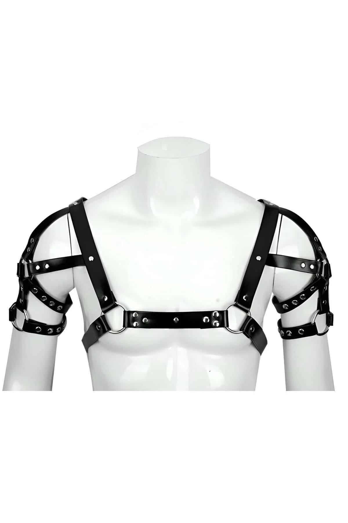 siyah vegan deri erkek harness omuz ve kol bantlı gümüş O-halka perçin detaylı club giyim