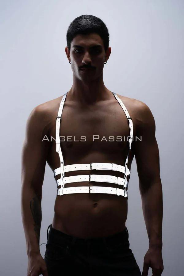 reflektörlü beyaz bantlı erkek göğüs harness clubwear, 3 yatay bant ve boyun askısı, gunmetal metal toka