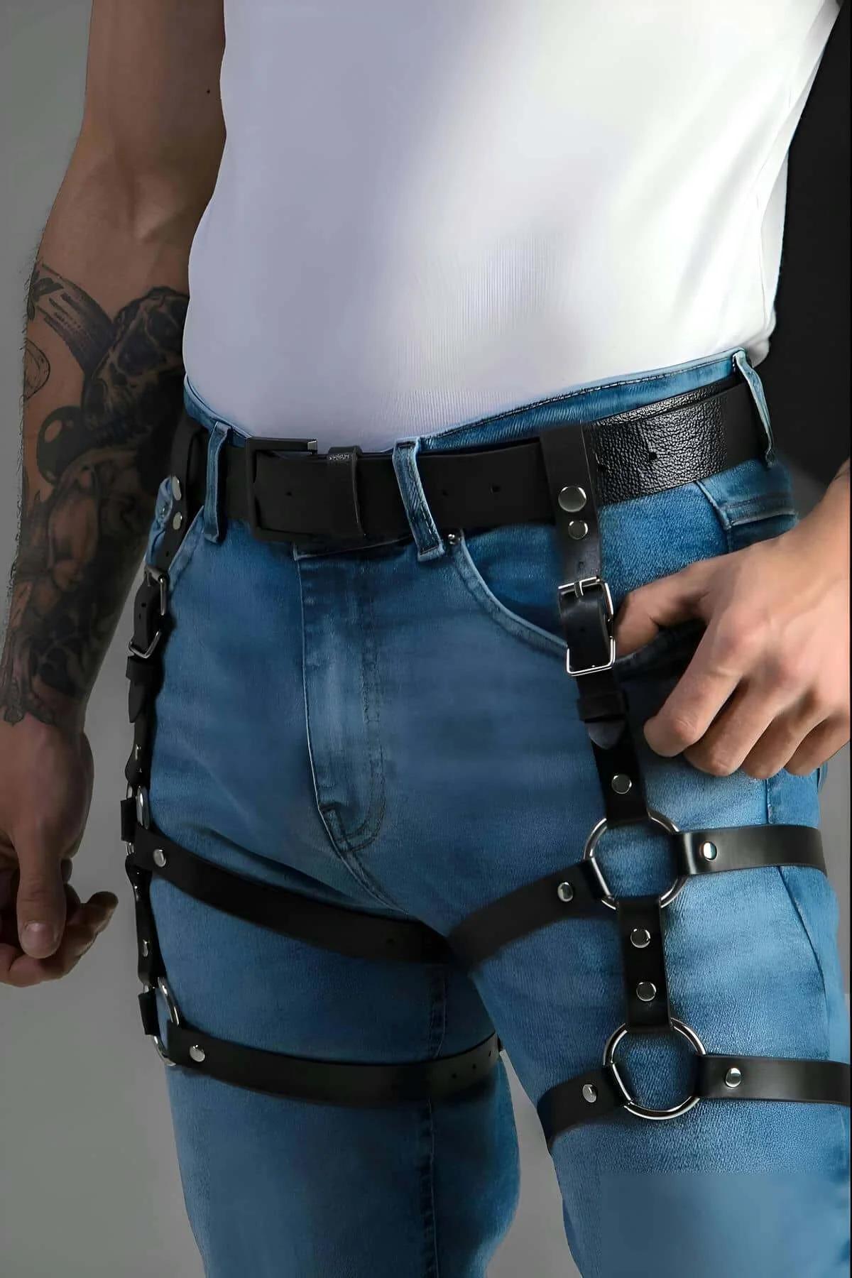 siyah vegan deri erkek kemer bacak harness seti gümüş O-ring ve perçin detaylı uyluk bandı