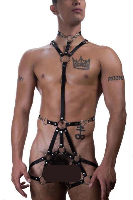 siyah elastik lastik erkek body harness gümüş O-halka ve zincir choker detaylı tam vücut tasarım