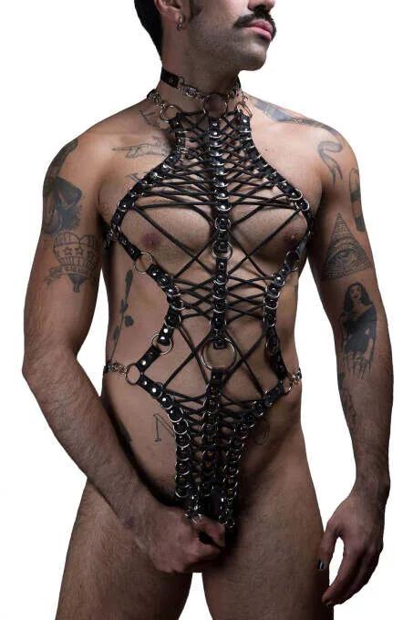 erkek siyah lastik body harness gümüş O-halkalı geometrik ağ tasarım boyun yakasından bele tek parça