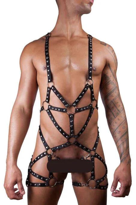 erkek body harness siyah vegan deri geometrik bant gümüş O-halkalar ve perçin detayı