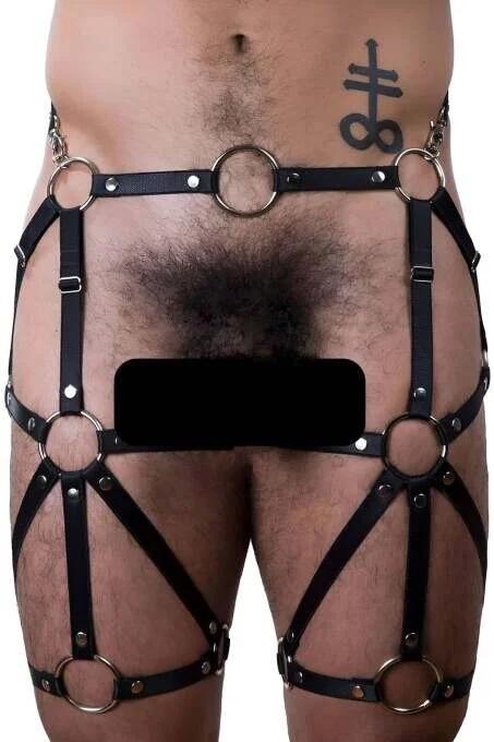 erkek jartiyer harness siyah vegan deri altın O-halkalı bel ve uyluk bantlı geometrik tasarım