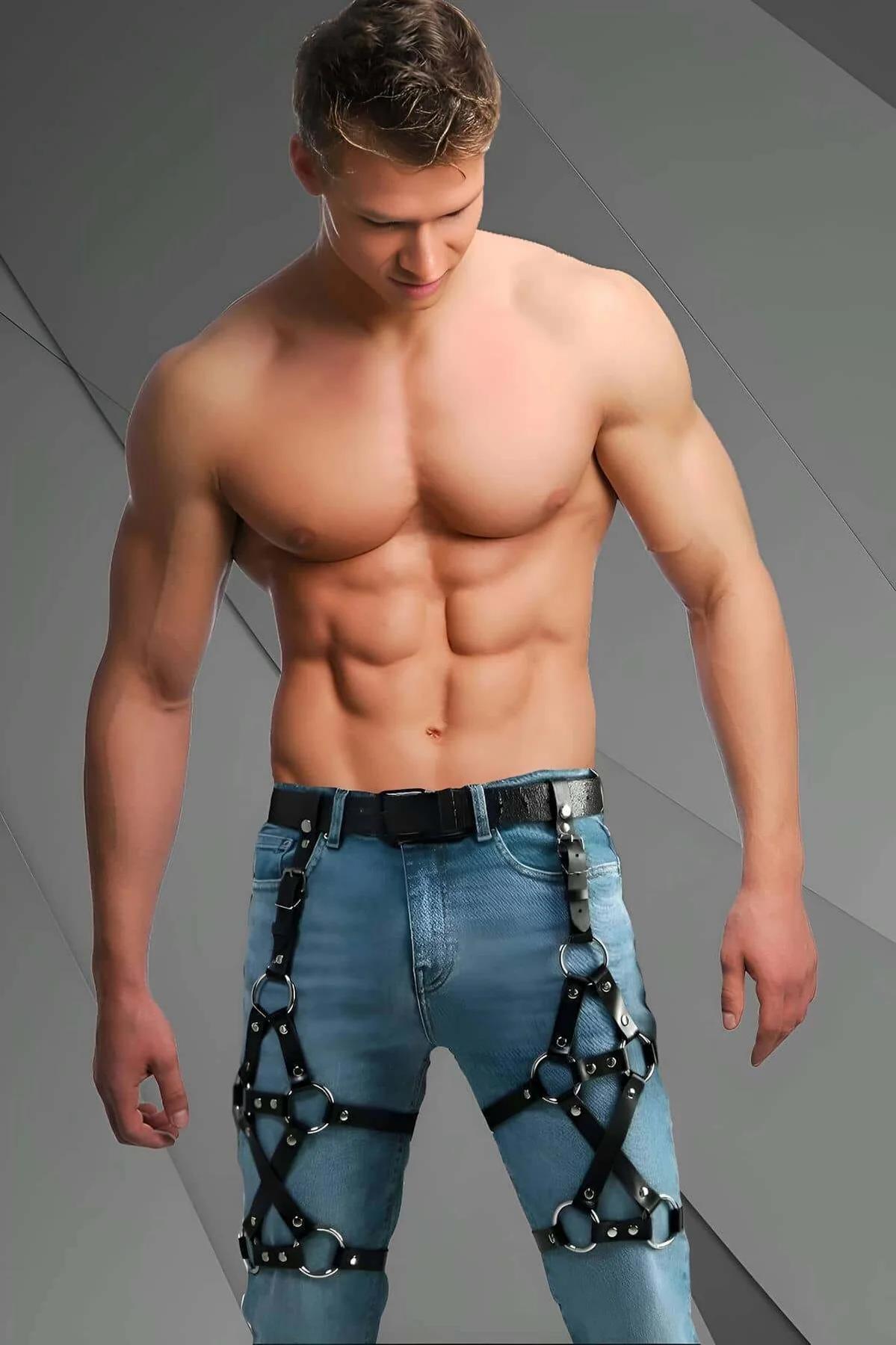 siyah vegan deri erkek bacak harness gümüş O-halkali metal perçinli kot üzerinde partywear aksesuar