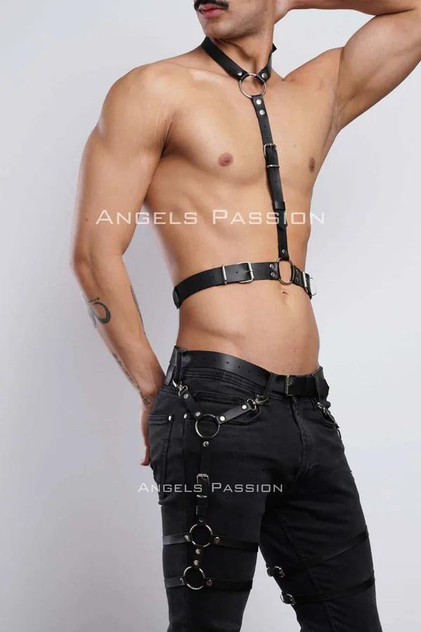 siyah vegan deri erkek göğüs ve bacak harness seti, gümüş O-ring ve toka donanımlı, clubwear partywear