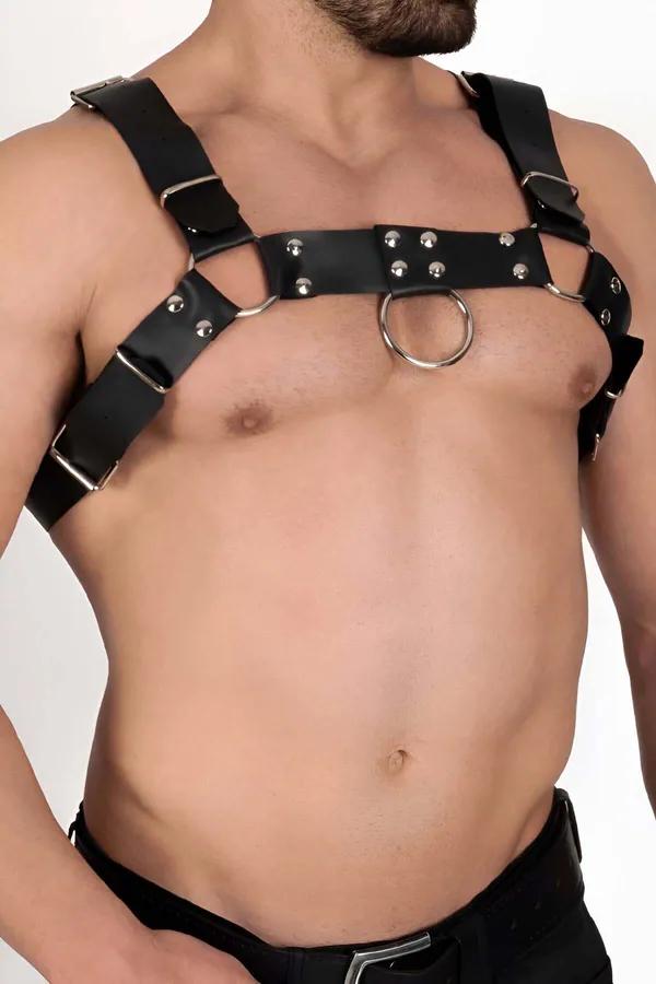siyah vegan deri erkek göğüs harness gümüş O-halka ve metal perçin detaylı clubwear