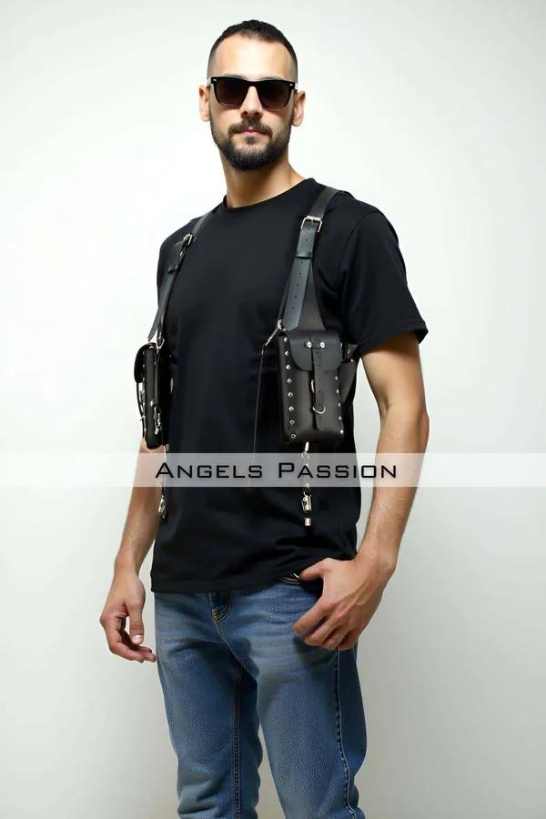 çantalı erkek harness siyah vegan deri holster bag gümüş toka perçin detay