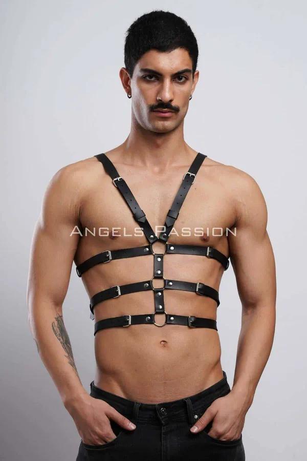 siyah vegan deri erkek göğüs harness kafes tasarım gümüş O-ring ve dikdörtgen tokalar