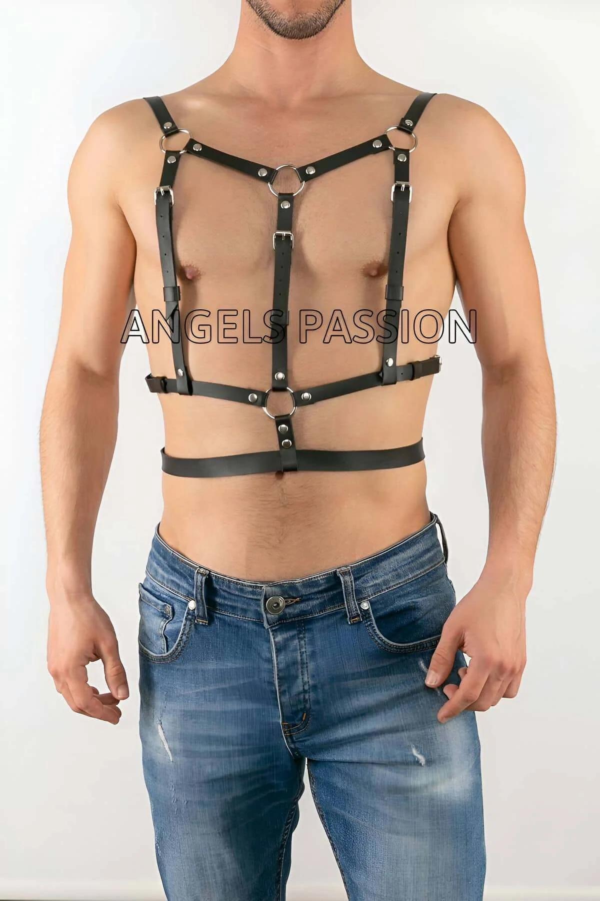 siyah suni deri erkek kafes harness gümüş O-halkalı göğüs ve bel bandı parti iç giyim