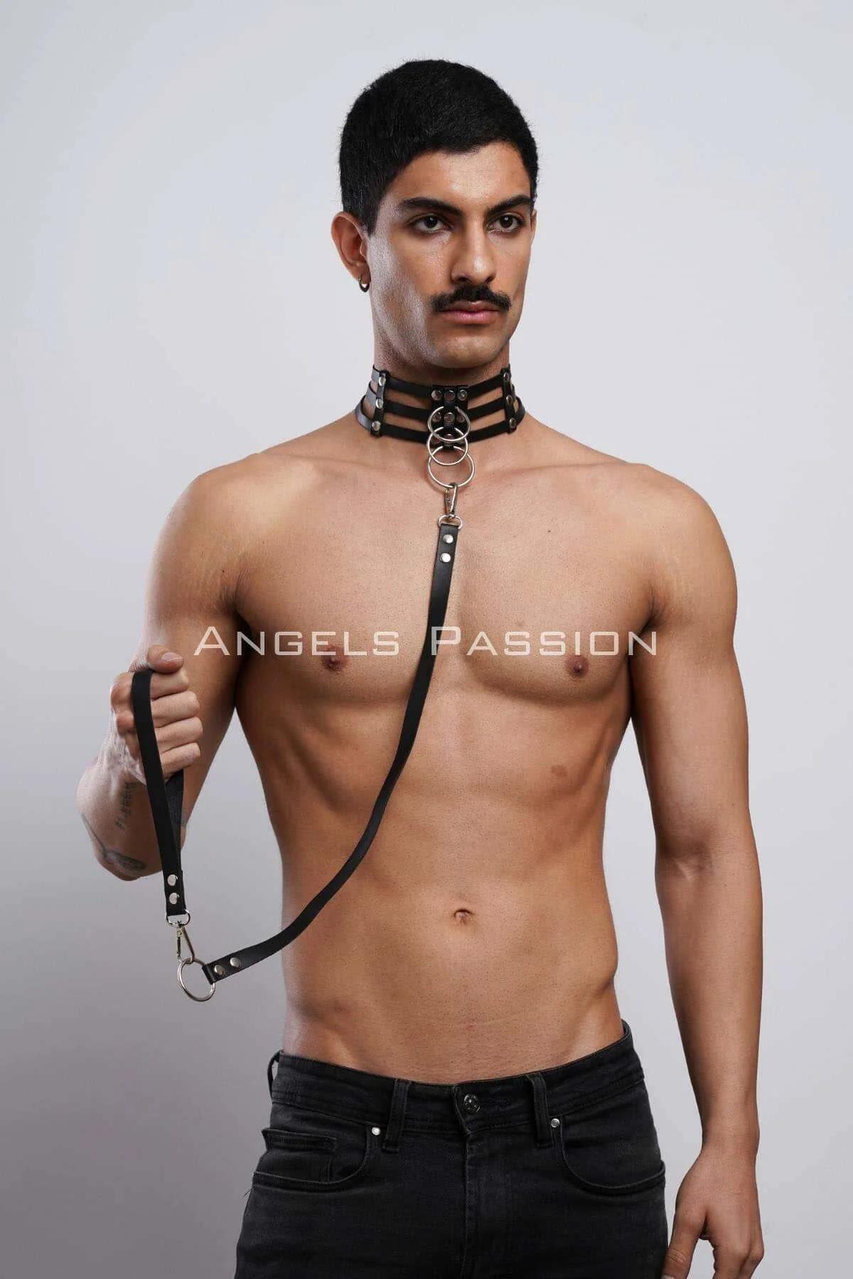 erkek choker tasma set siyah vegan deri üç bantlı gümüş O-halka snap karabinalı partywear
