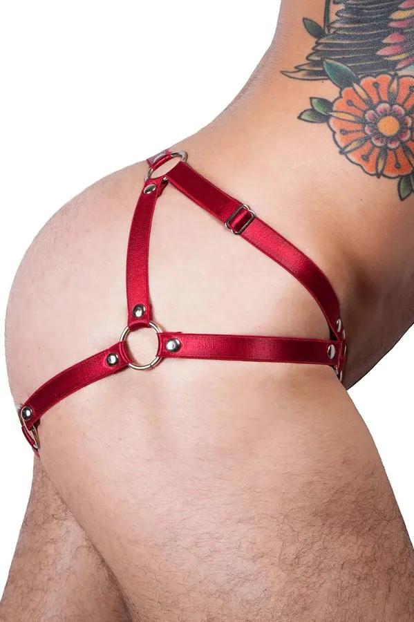 Kırmızı vegan deri erkek harness gümüş O-ring ve perçin detaylı, eşleşen bileklik ile 2 parçalı set