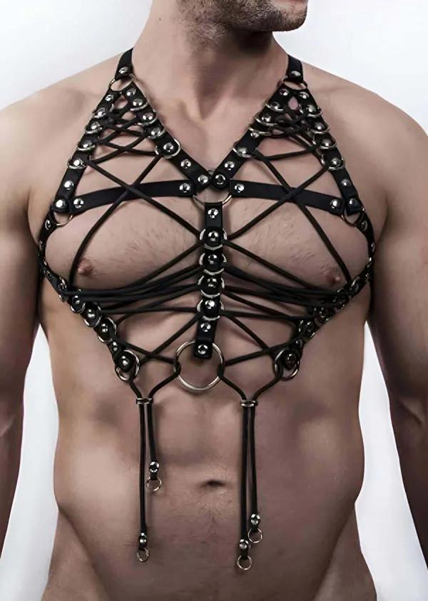 Erkek siyah elastik lastik harness çapraz örgü gümüş O-ring halka perçin göğüs aksesuar