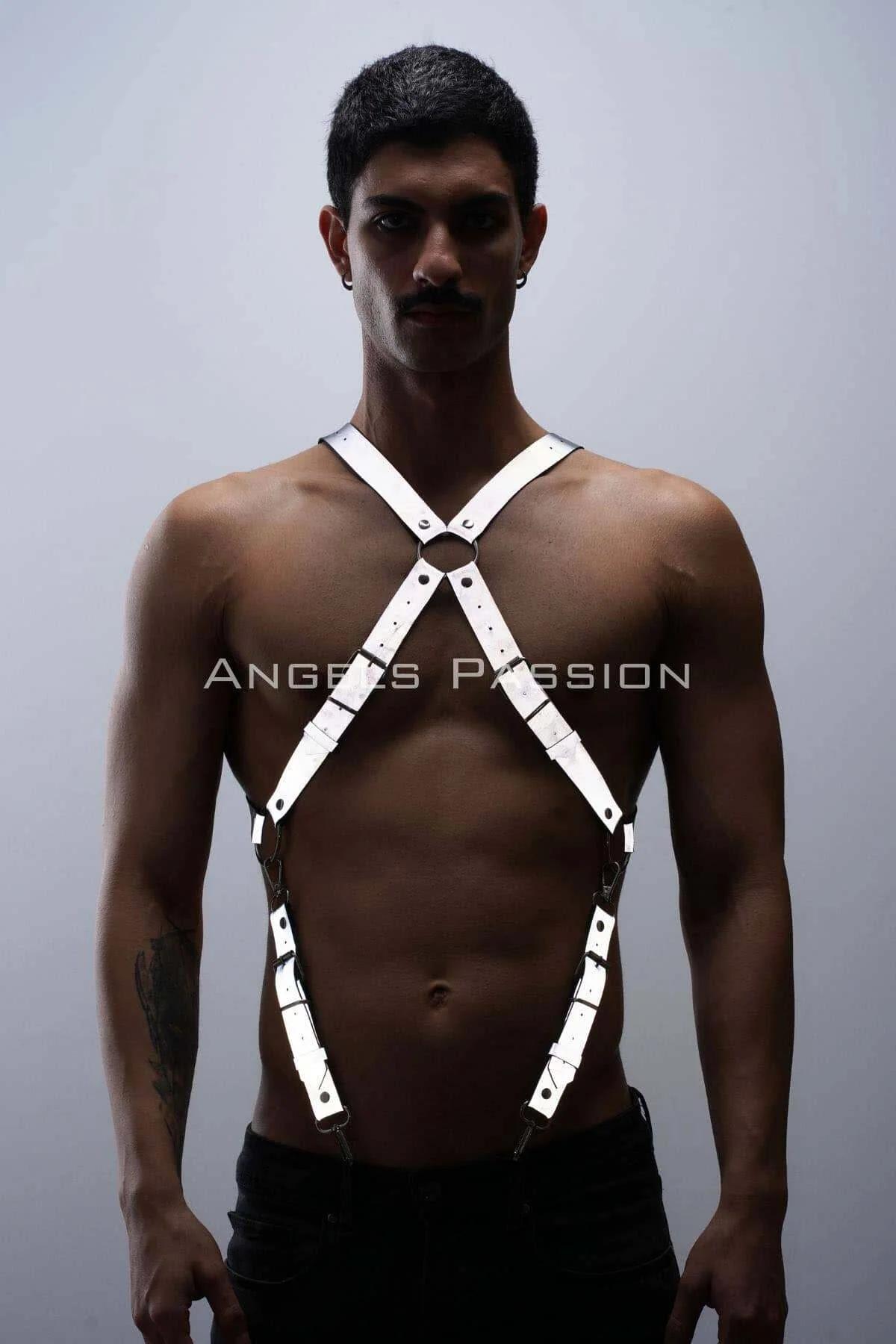 reflektörlü beyaz göğüs harness X-kesim pantolon askısı erkek clubwear metal tokalı