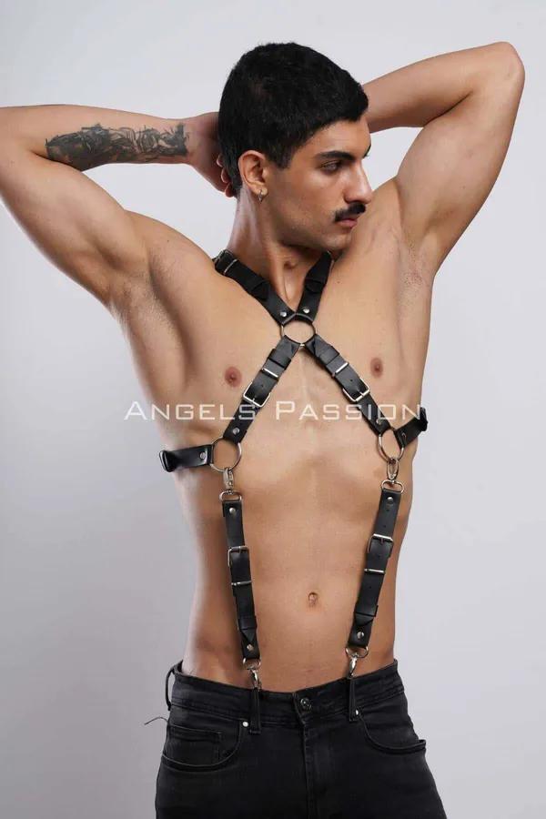 Siyah vegan deri erkek göğüs harness altın O-halkalı X çapraz kayış pantolon askısı ile