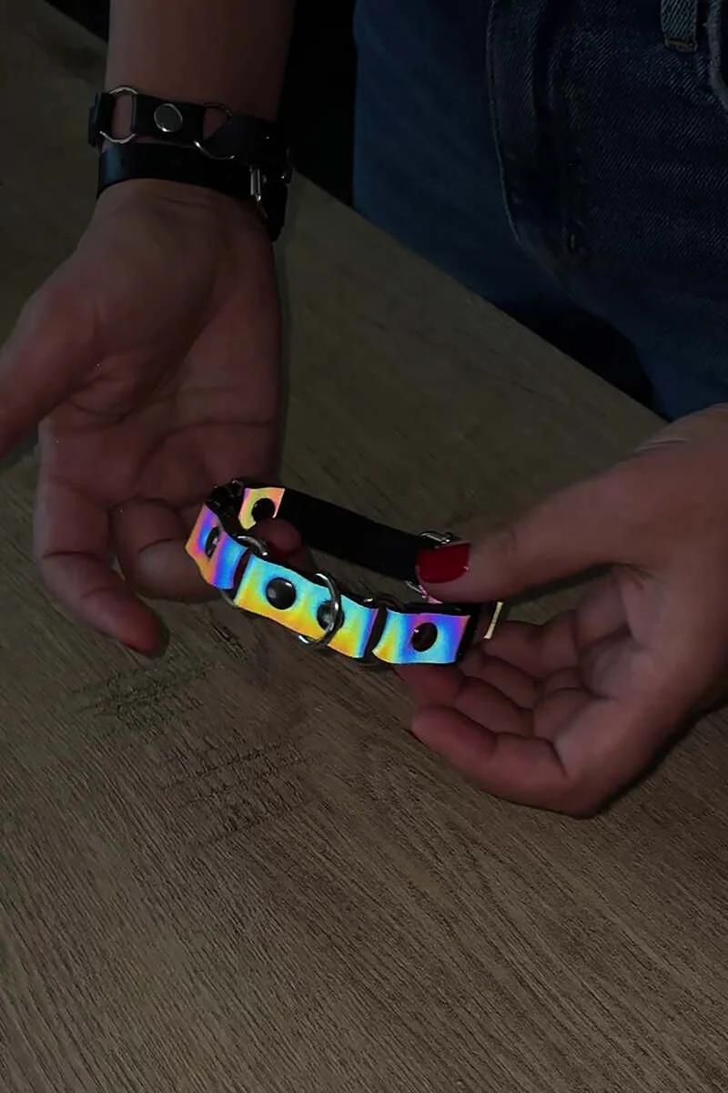 Gökkuşağı renk reflektörlü kedi boyun tasması holografik bant metal perçin ve D-halka donanım