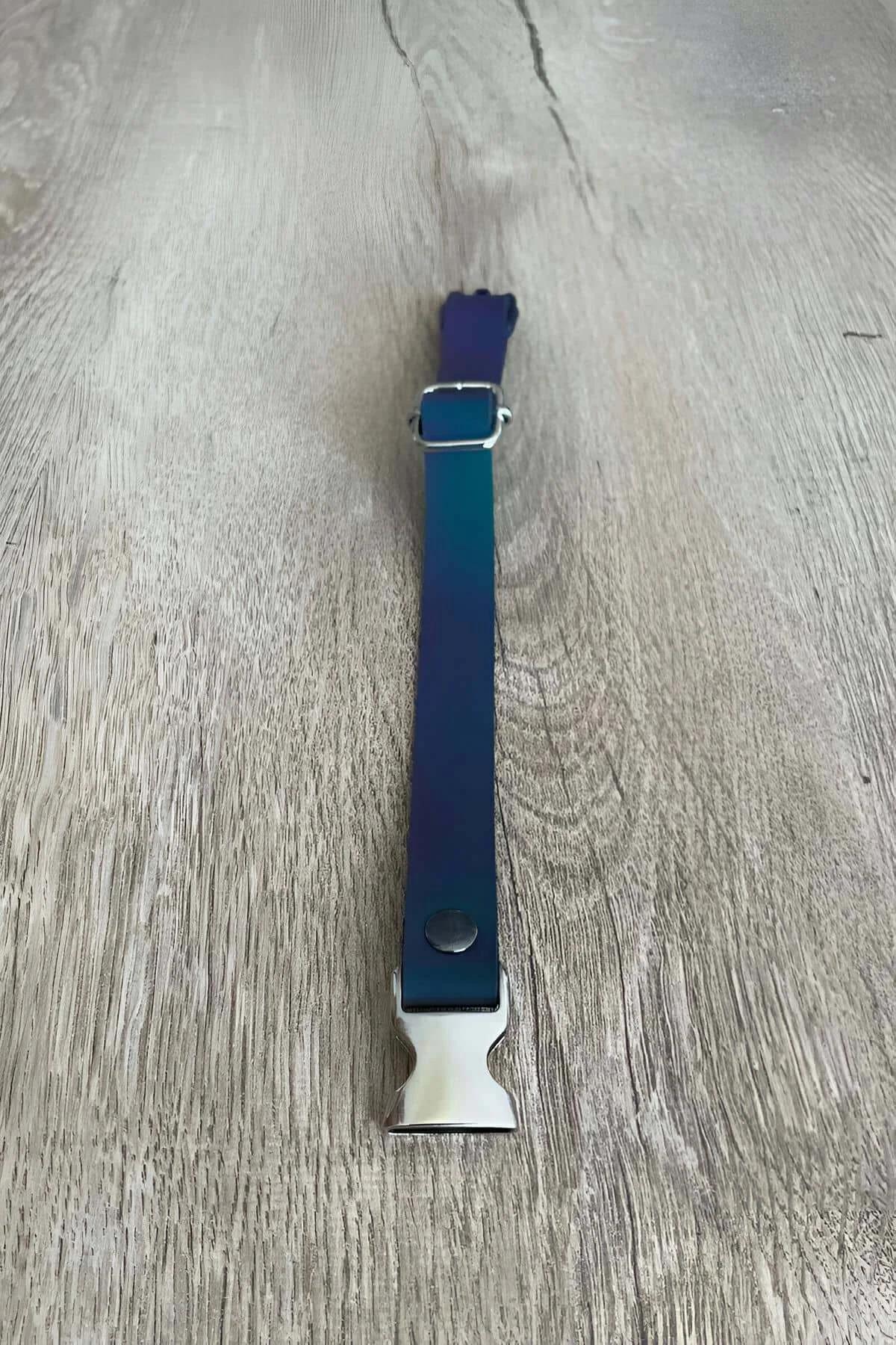 Reflektörlü kedi boyun tasması mavi PVC band gümüş çelik quick-release toka ve D-halka kaydırıcı